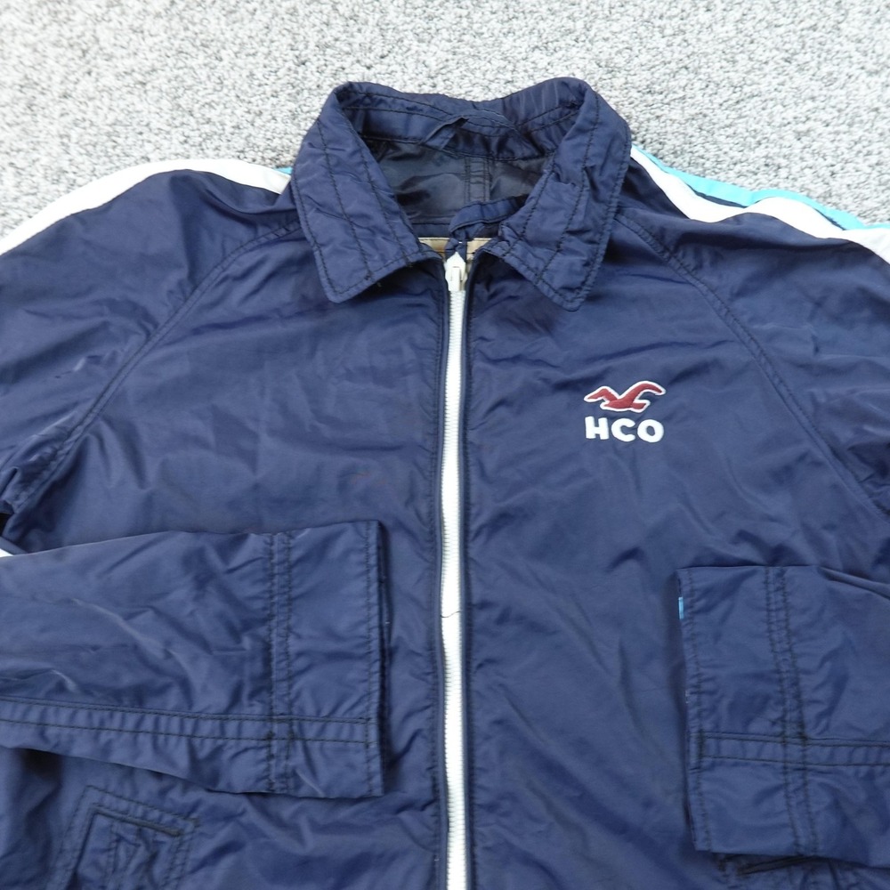 VTG Hollister Jacket Mens L Blue Striped Track Full Zip Windbreaker Coat 90s Y2K